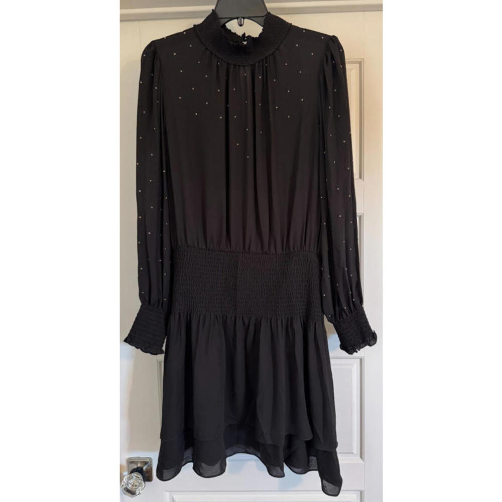 White House Black Market Long Sleeve Size M Heatset Blouson Black Dress  NWT
